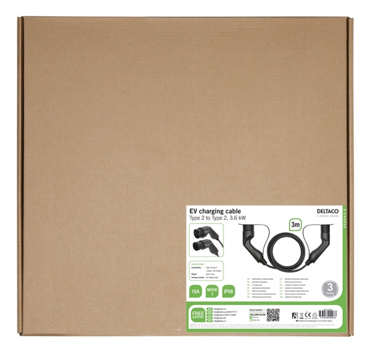 DELTACO EV-cable type 2 - type 2, 1 phase, 16A, 3M