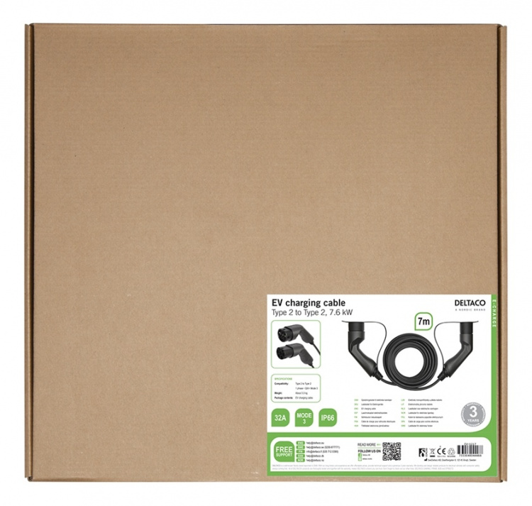 DELTACO EV-cable type 2 - type 2, 1 phase, 32A, 7M