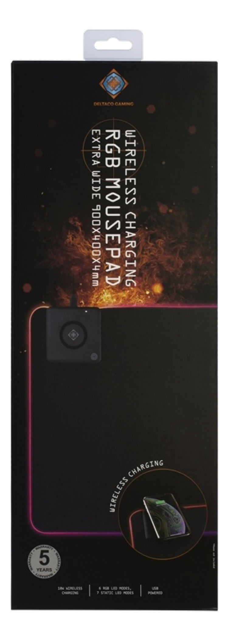 DELTACO GAMING RGB mousepad, fast wireless charging, 900x400x4mm