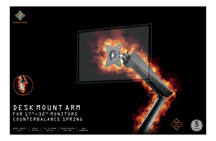 DELTACO Single Monitor Spring-Assisted Pro Gaming Monitor Arm