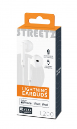 STREETZ in-ear Lightning headset, MFi, volume control, remote, white