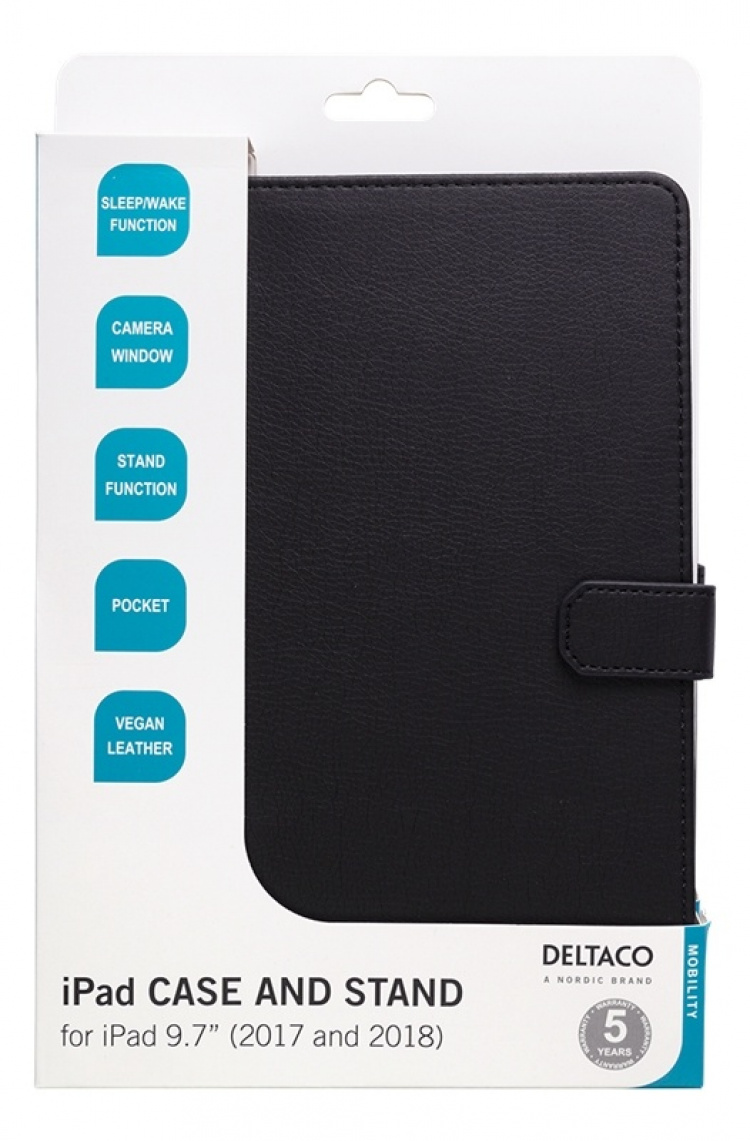 DELTACO iPad case, vegan leather, wake function, support, black