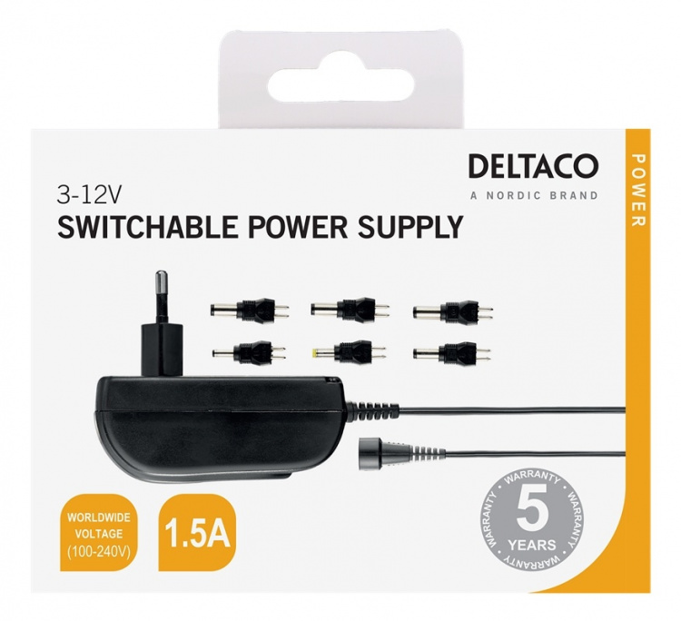 DELTACO power supply, 240 V to 3-12 V, 1,5 A, different tips, black