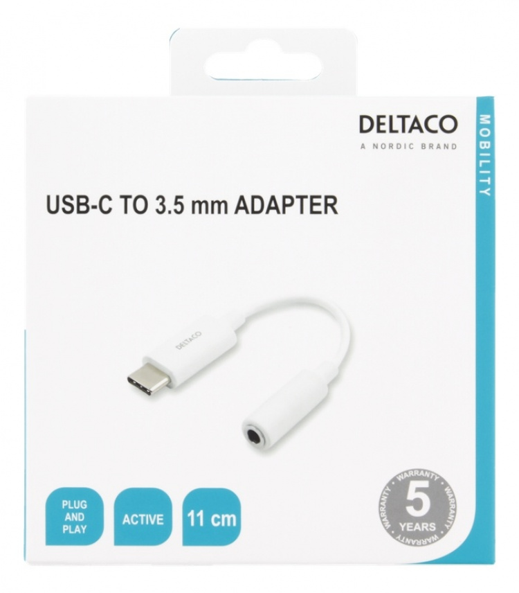 DELTACO USB-C to 3.5 mm female, 11 cm, retail package, active, white