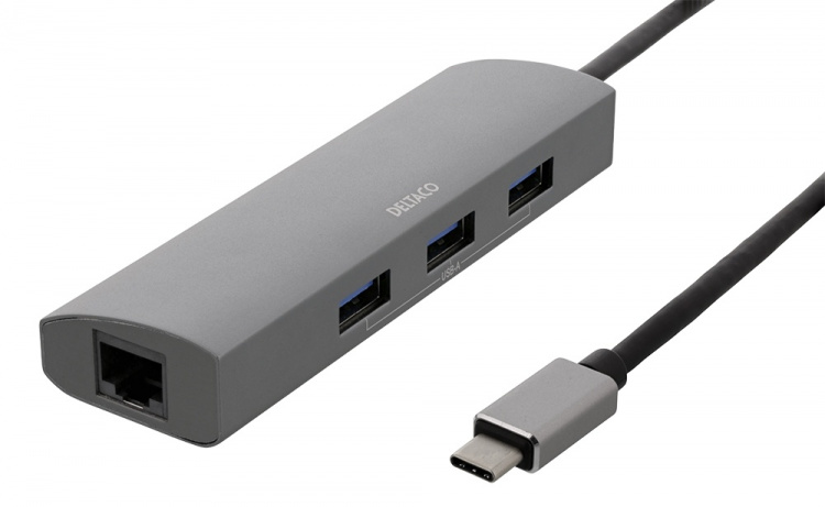 DELTACO USB-C Hub and Network Adapter, USB-C ha, RJ45 ho, 3xUSB-A 3.0,