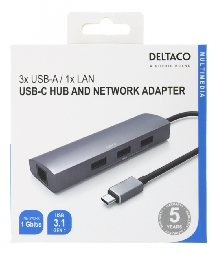 DELTACO USB-C Hub and Network Adapter, USB-C ha, RJ45 ho, 3xUSB-A 3.0,