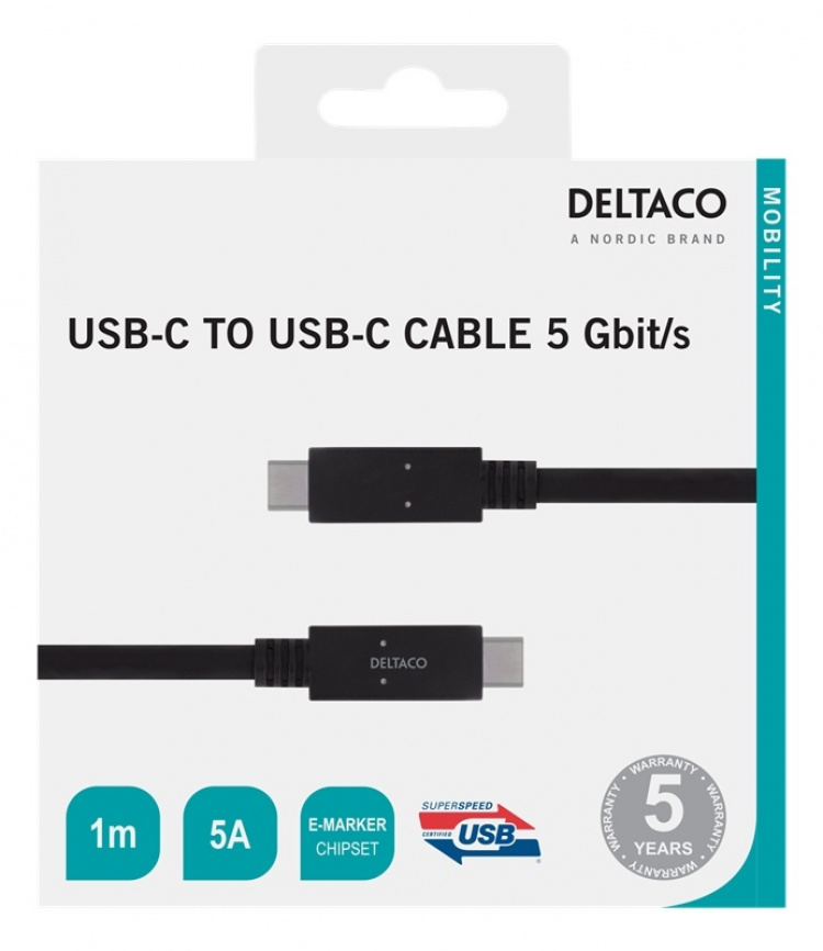 DELTACO USB-C - USB-C cable, 5Gbit/s, 5A, 1M, black