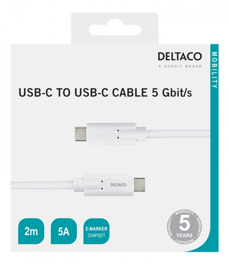 DELTACO USB-C - USB-C cable, 5Gbit/s, 5A, 2M, white