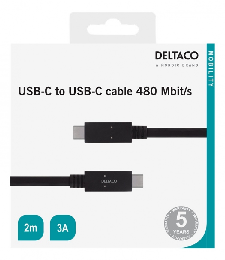 DELTACO USB 2.0 kabel, Typ C - Typ C, 2m, svart
