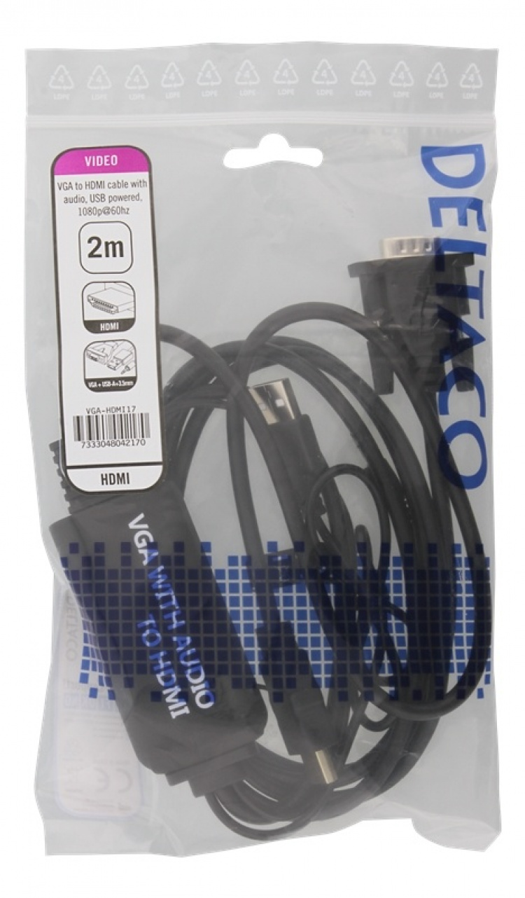 DELTACO VGA & Audio - HDMI cable, USB powered, 2m, blackDELTACO VGA &