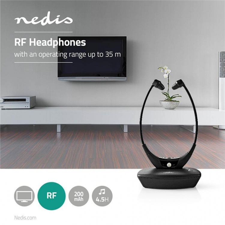 Nedis Draadloze TV-Koptelefoon | RF, frequentie 868 MHz | In-Ear | Maximale batterijduur: 4.5 uur | 35 m | Digitale Audio | Laadstation | Balanscontrole | Zwart Nedis Draadloze TV-Koptelefoon | RF, frequentie 868 MHz | In-Ear | Maximale batterijduur: 4.5 uur | 35 m | Digitale Audio | Laadstation | Balanscontrole | Zwart