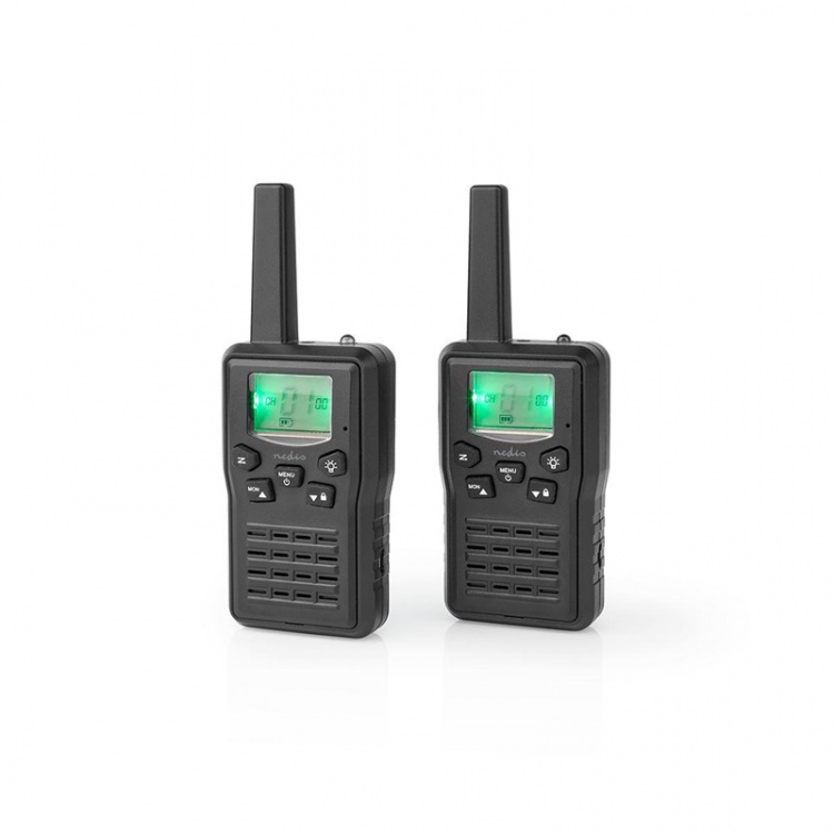 Nedis Walkie talkie Set | 2 Handsets | Tot 10 km | Frequentiekanalen: 8 | PTT / VOX | tot 6 uur | Oplaadstation inbegrepen | Koptelefoonoutput | Zwart