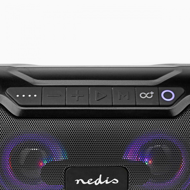 Nedis Bluetooth® Party Boombox | 6 uur | 2.0 | 80 W | Media afspeelmogelijkheden: AUX / Micro-SD / USB | IPX5 | Koppelbaar | Handgreep | Feestverlichting | Zwart Nedis Bluetooth® Party Boombox | 6 uur | 2.0 | 80 W | Media afspeelmogelijkheden: AUX / Micro-SD / USB | IPX5 | Koppelbaar | Handgreep | Feestverlichting | Zwart