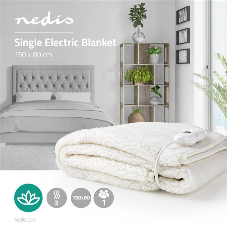Nedis Elektrische Deken | Onderdeken | 1 Persoon | 150 x 80 cm | 3 Warmte Standen | Wasmachinebestendig | Oververhittingsbeveiliging | Polyester / Synthetisch