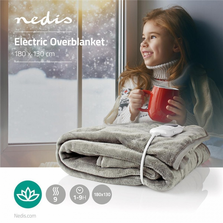 Nedis Elektrische Deken | Bovendeken | 1 Persoon | 180 x 130 cm | 9 Warmte Standen | 9 u | Wasmachinebestendig | Oververhittingsbeveiliging | Digitale bediening | Fleece