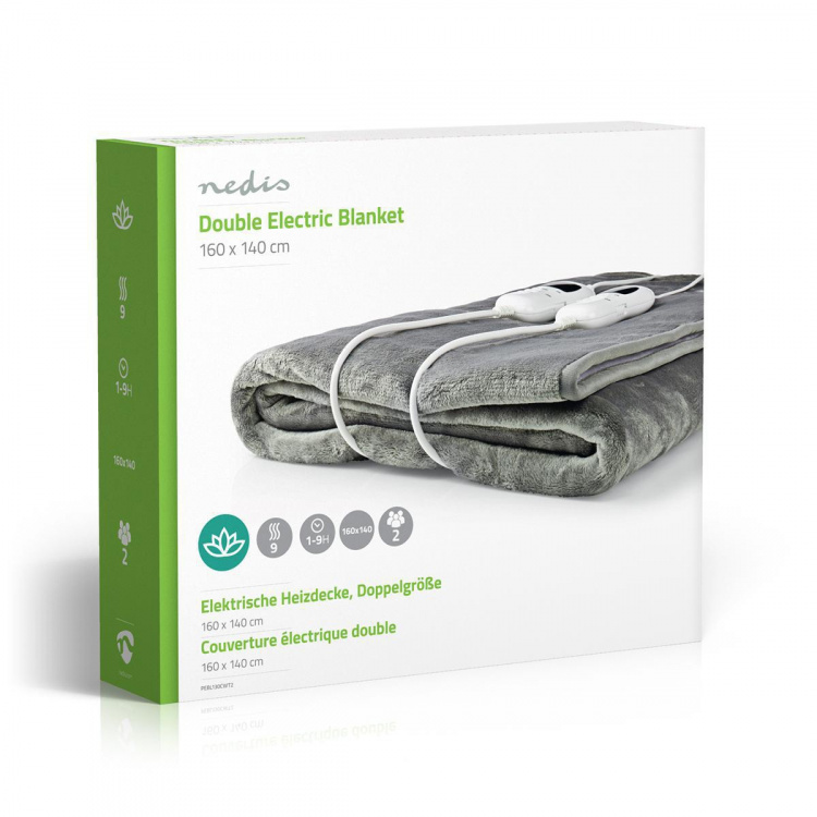 Nedis Elektrische Deken | Onderdeken | 2 Personen | 160 x 140 cm | 9 Warmte Standen | 9 u | Wasmachinebestendig | Oververhittingsbeveiliging | Digitale bediening | Fleece / Polyester