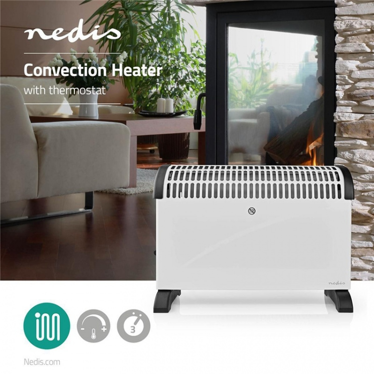 Nedis Convectorkachel | 2000 W | 3 Warmte Standen | Instelbare thermostaat | Omvalpreventie | Geïntegreerde handgrepen | Wit