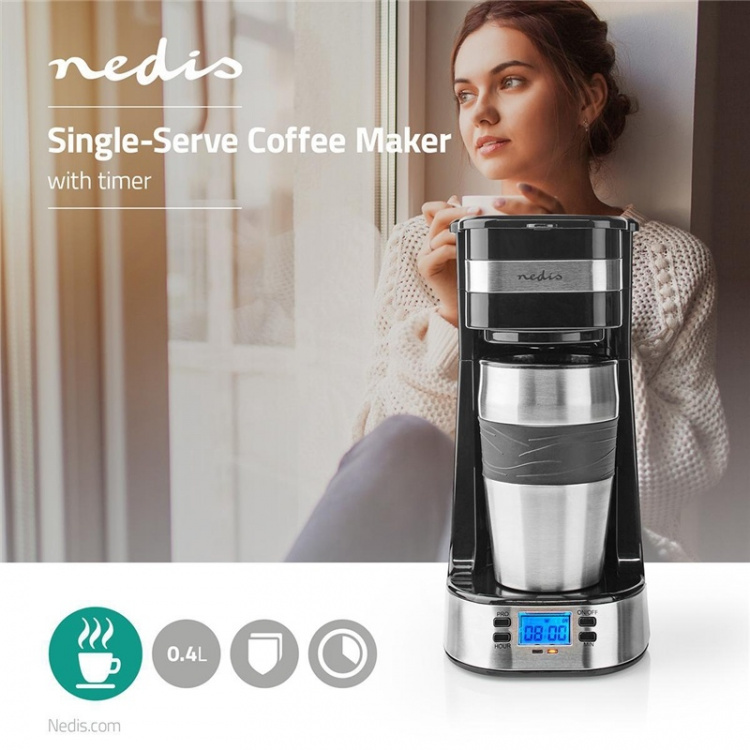 Nedis Koffiezetapparaat | Filter Koffie | 0.4 l | 1 Kopjes | Timer schakelaar | Zilver / Zwart