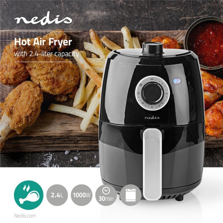 Nedis Heteluchtfriteuse | 2.4 l | Tijdschakelaar: 30 min | Analoog | Aluminium / Zwart Nedis Heteluchtfriteuse | 2.4 l | Tijdschakelaar: 30 min | Analoog | Aluminium / Zwart