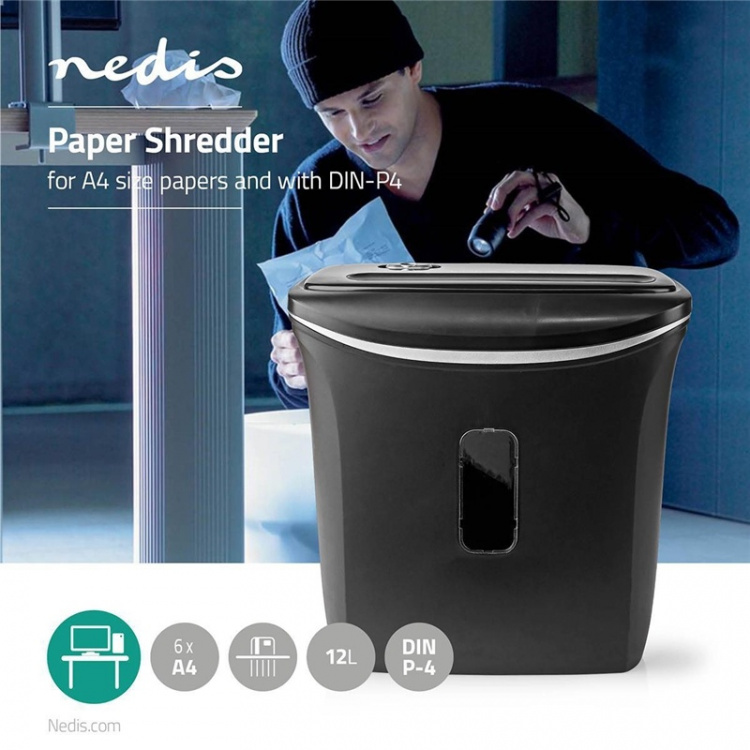 Nedis Papierversnipperaar | Kruissnede | 6x A4-pagina\'s | 12 l | Veiligheidsnorm: DIN 4 | 300 W | Zwart