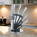 8-delige messenset, draaibaar messenrek, roestvrijstalen messen 8-delige messenset, draaibaar messenrek, roestvrijstalen messen