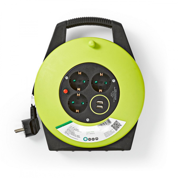 Nedis Stroomhaspel | Randaarde stekker | 10.0 m | 3000 W | 16 A | Soort aarding: Zijcontacten | 230 V AC 50/60 Hz | Hoek van stopcontact: 90 ° | H05VV-F 3G 1,5 mm² | Zekering: Ja | Groen / Zwart