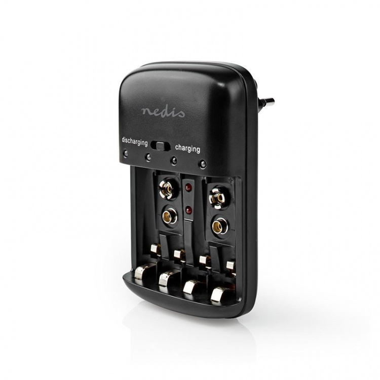 Nedis NiMH-Batterijlader AA / AAA | 1.2 / 9 V DC | 0.5 A | Druppelladen | Type C (CEE 7/16) | Batterijtype: AA / AAA / E-Blok (9V) | Zwart
