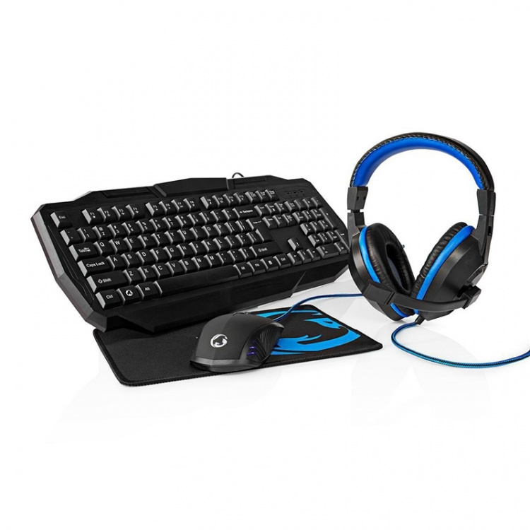 Nedis Gaming Combo Kit | 4-in-1 | Toetsenbord, Koptelefoon, Muis en Muismat | Blauw / Zwart | QWERTZ | Duits