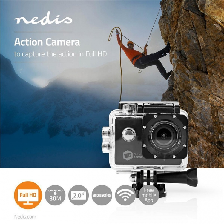 Nedis Action Cam | 1 Scherm | 1080p@30fps | 12 MPixel | Waterbestendig tot: 30.0 m | 90 min | Wi-Fi | App beschikbaar voor: Android™ / IOS | Mounts inbegrepen | Zwart