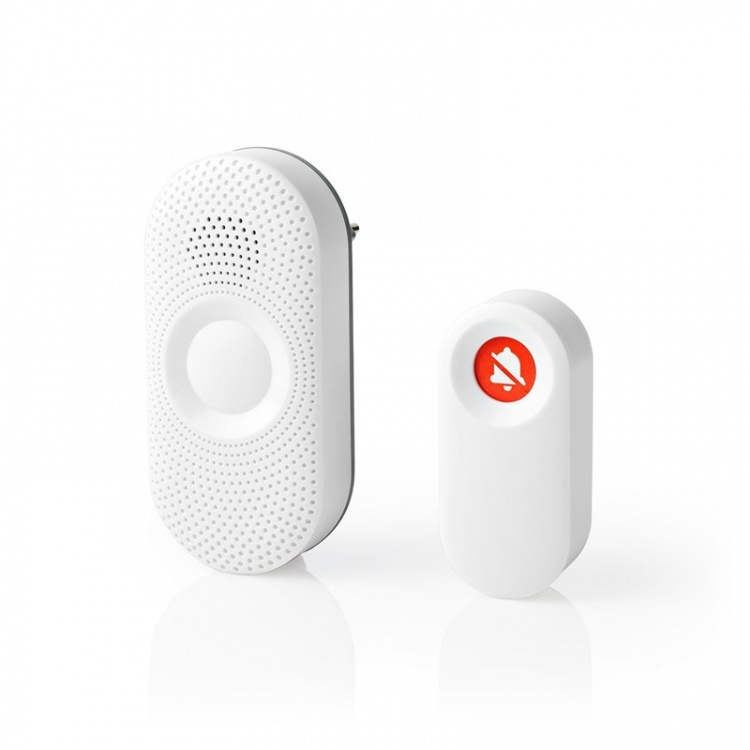 Nedis Draadloze Deurbelset | Netvoeding | 220 - 240 V AC 50 Hz | 1x CR2032 | Volume: 80 dB | Signaalbereik: 300 m | IP44 | Instelbaar volume | 36 Melodiën | 1 Ontvanger | Grijs / Wit