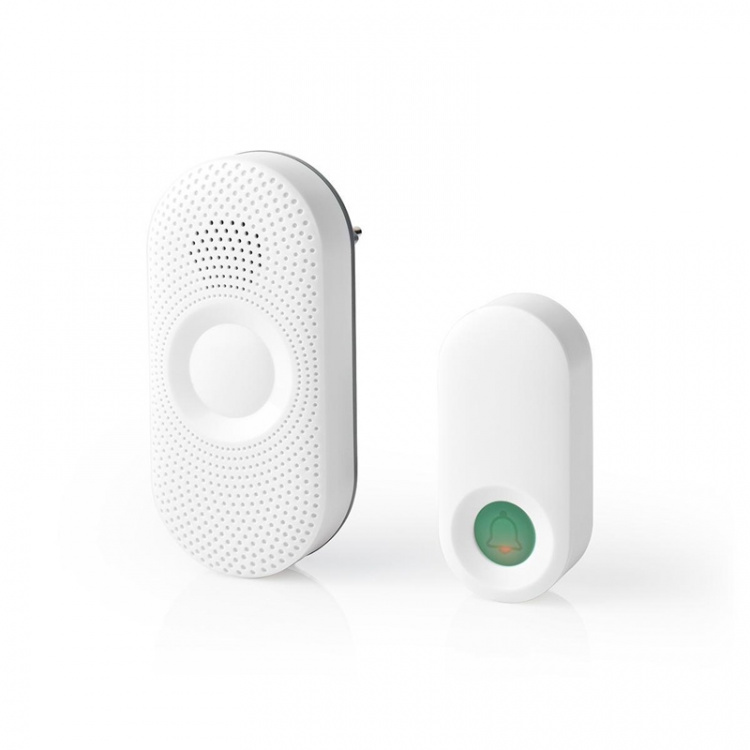Nedis Draadloze Deurbelset | Netvoeding | 220 - 240 V AC 50 Hz | 1x CR2032 | Volume: 80 dB | Signaalbereik: 300 m | IP44 | Instelbaar volume | 36 Melodiën | 1 Ontvanger | Grijs / Wit