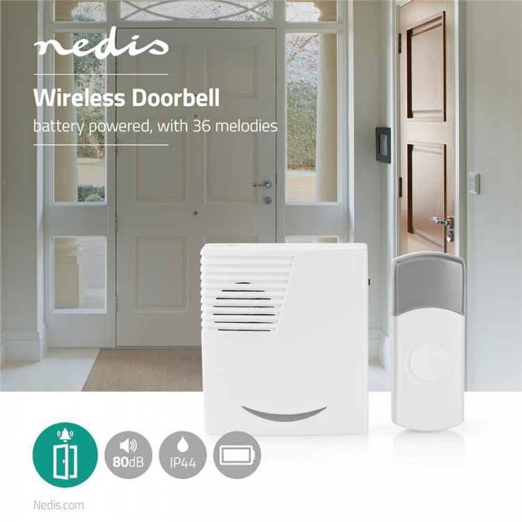 Nedis Draadloze Deurbelset | Batterij Gevoed | 3 V DC | 1x CR2032 | Volume: 80 dB | Signaalbereik: 300 m | IP44 | 36 Melodiën | 1 Ontvanger | Grijs / Wit Nedis Draadloze Deurbelset | Batterij Gevoed | 3 V DC | 1x CR2032 | Volume: 80 dB | Signaalbereik: 300 m | IP44 | 36 Melodiën | 1 Ontvanger | Grijs / Wit