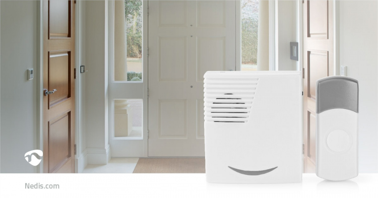 Nedis Draadloze Deurbelset | Batterij Gevoed | 3 V DC | 1x CR2032 | Volume: 80 dB | Signaalbereik: 300 m | IP44 | 36 Melodiën | 1 Ontvanger | Grijs / Wit Nedis Draadloze Deurbelset | Batterij Gevoed | 3 V DC | 1x CR2032 | Volume: 80 dB | Signaalbereik: 300 m | IP44 | 36 Melodiën | 1 Ontvanger | Grijs / Wit