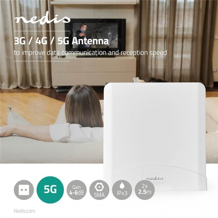 Nedis 5G / 4G / 3G Antenne | 5G | Binnen & Buiten | 698-5000 MHz | Versterking: 6 dB | 2.50 m | Wit Nedis 5G / 4G / 3G Antenne | 5G | Binnen & Buiten | 698-5000 MHz | Versterking: 6 dB | 2.50 m | Wit