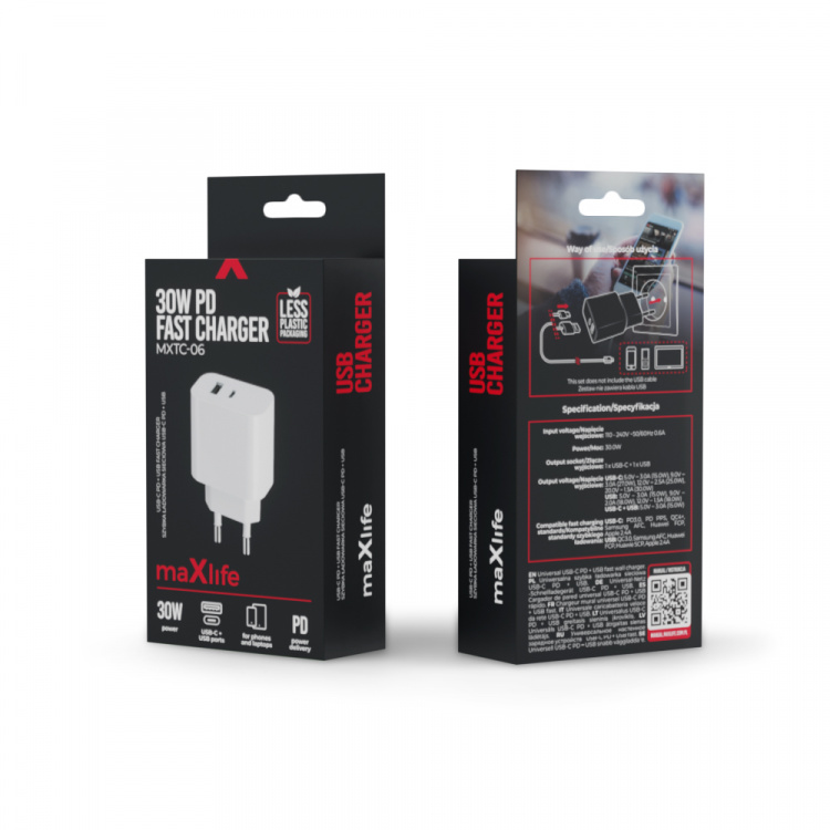 Maxlife MXTC-06 - PD QC Wandoplader 1x USB-C, 1x USB, 30W, Wit