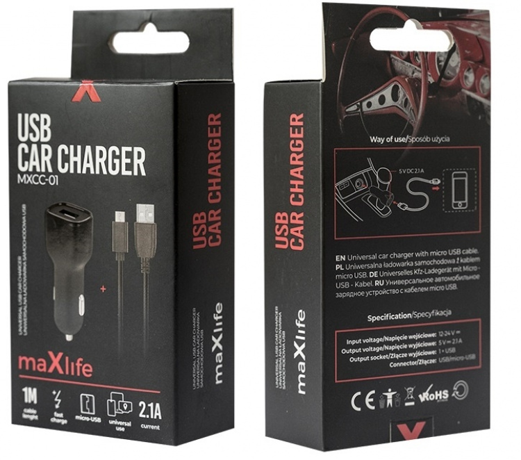 Maxlife MXCC-01 USB Autolader 1x USB 2.1A + microUSB kabel Maxlife MXCC-01 USB Autolader 1x USB 2.1A + microUSB kabel