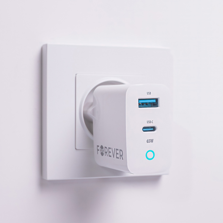 Forever GaN TC-06-65AC PD QC Wandoplader 1x USB-C 1x USB 65W Forever GaN TC-06-65AC PD QC Wandoplader 1x USB-C 1x USB 65W