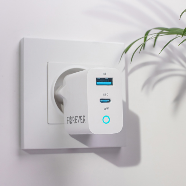 Forever TC-06-20AC PD QC wandoplader 1x USB-C 1x USB 20W Forever TC-06-20AC PD QC wandoplader 1x USB-C 1x USB 20W