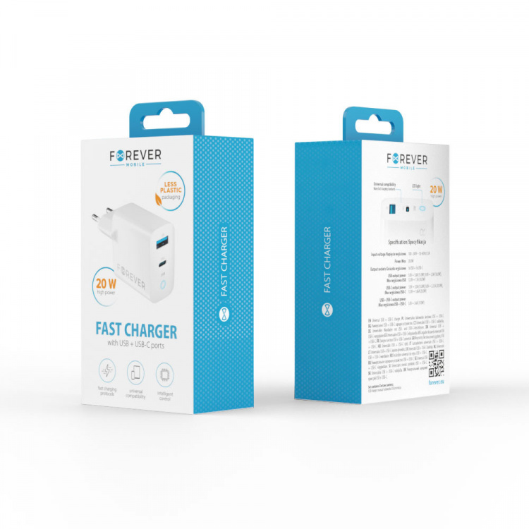 Forever TC-06-20AC PD QC wandoplader 1x USB-C 1x USB 20W Forever TC-06-20AC PD QC wandoplader 1x USB-C 1x USB 20W