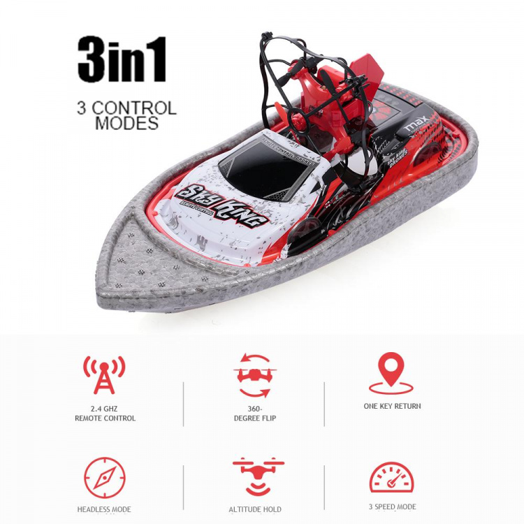 3-in-1 drone, boot, auto 2,4 G 4-assen, rood/grijs 3-in-1 drone, boot, auto 2,4 G 4-assen, rood/grijs