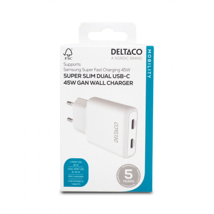 DELTACO USB-C väggladdare 45 W, 2x USB-C PD, slimmad storlek, total effekt 45 W DELTACO USB-C väggladdare 45 W, 2x USB-C PD, slimmad storlek, total effekt 45 W
