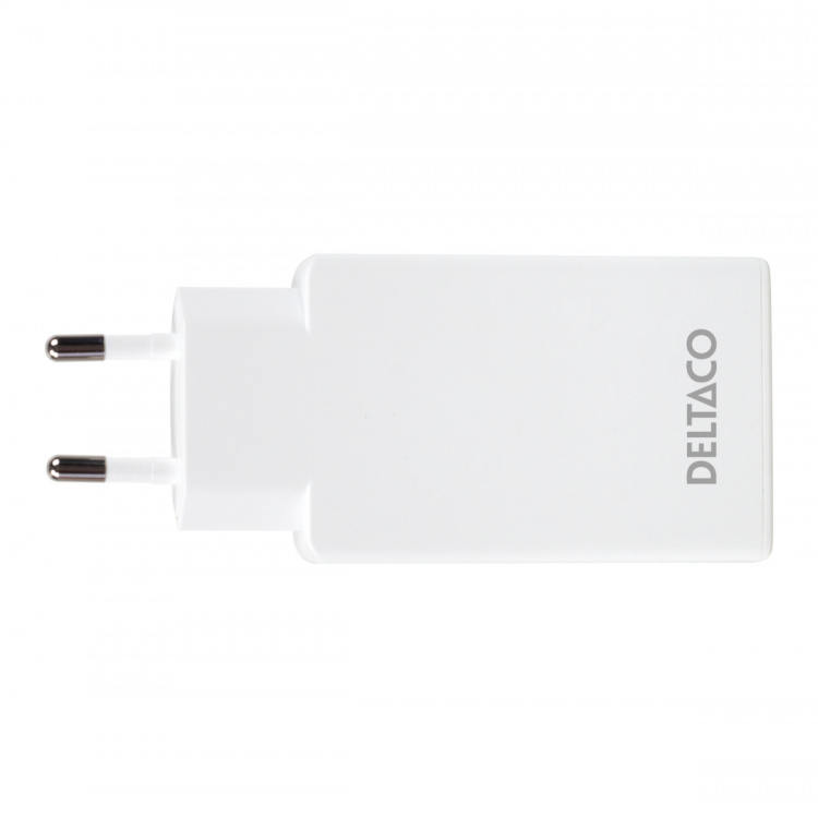 DELTACO USB-C väggladdare 67 W, 2x USB-C PD, slimmad storlek, total effekt 67 W