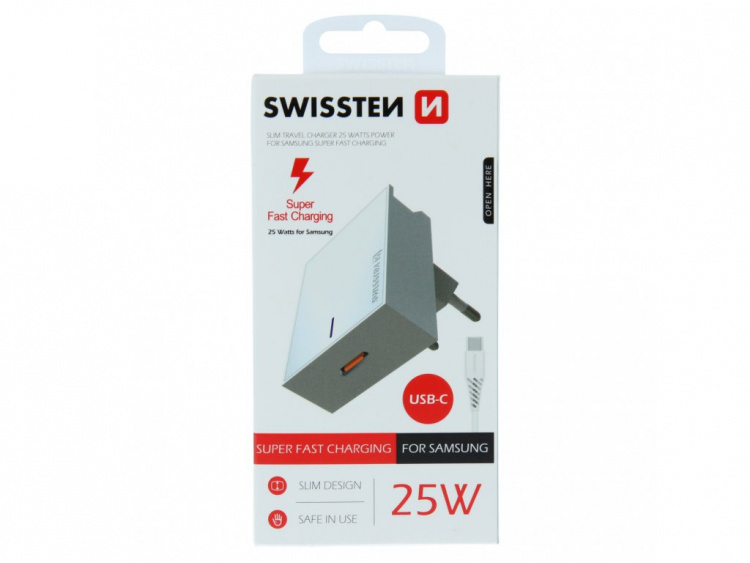 Swissten Voedingsadapter compatibel met Samsung Quick Charge 25W USB-C, Wit Swissten Voedingsadapter compatibel met Samsung Quick Charge 25W USB-C, Wit