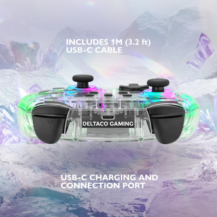 DELTACO Nintendo Switch-controller, transparant, RGB, macroknoppen