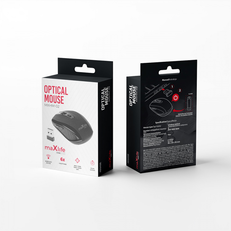 Maxlife draadloze optische muis 800/1000/1600 DPI, zwart