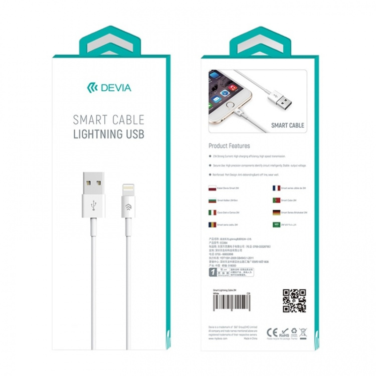 Devia Smart, Lightning-kabel (2,1A), 1m, Wit Devia Smart, Lightning-kabel (2,1A), 1m, Wit