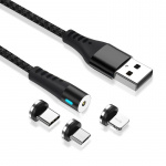 Maxlife MXUC-02 Magnetische 3in1 Oplaadkabel (Lightning/USB-C/microUSB) Snel opladen (2A), Zwart