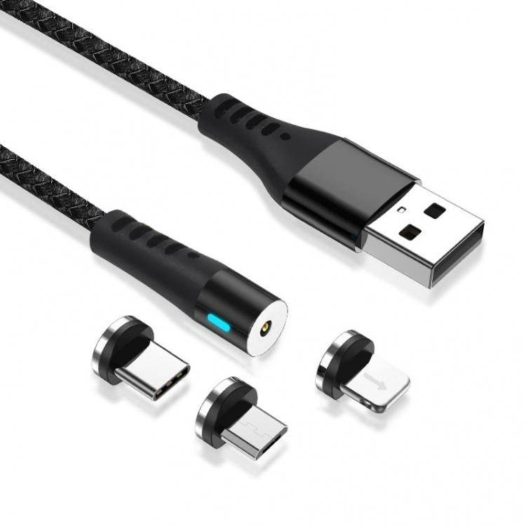Maxlife MXUC-02 Magnetische 3in1 Oplaadkabel (Lightning/USB-C/microUSB) Snel opladen (2A), Zwart