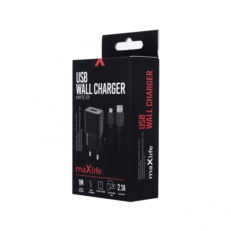 MXTC-01 Wandoplader USB, Snel opladen (2,1A) + microUSB-kabel, Zwart