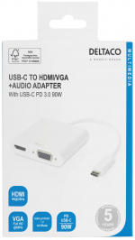 DELTACO USB-C docking station, HDMI/VGA/USB-C, 100W USB-C PD 3.0, whit